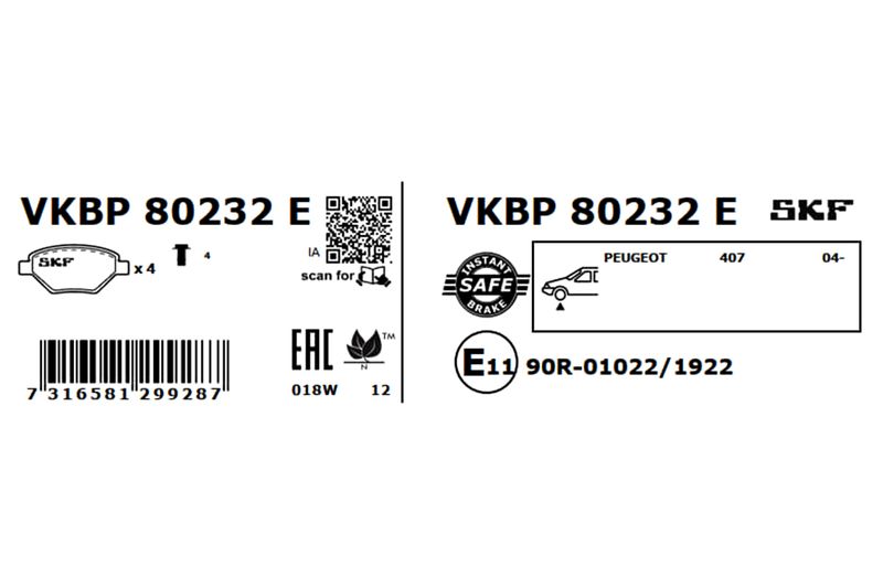 Комплект гальмівних накладок, дискове гальмо, Skf VKBP80232E