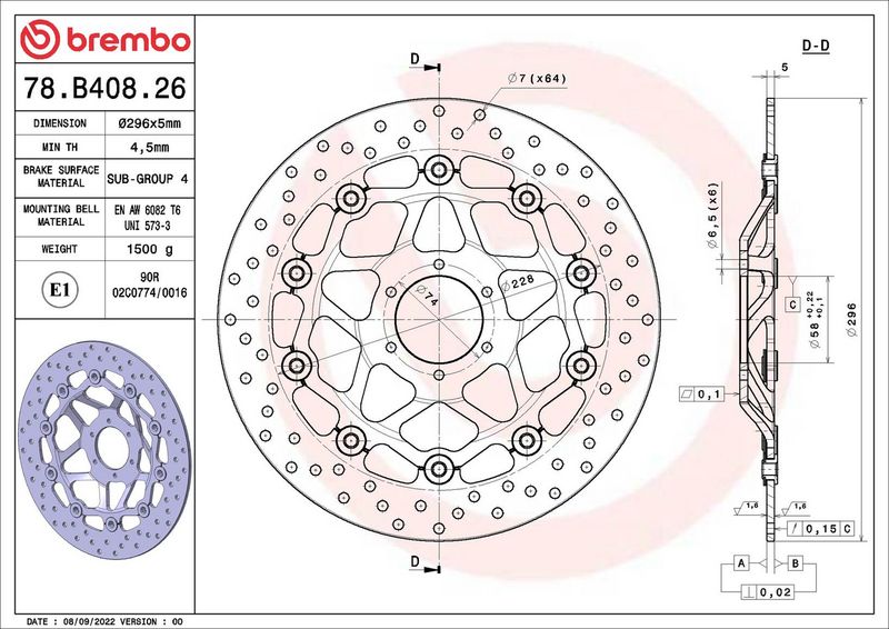 Brake disc Voor drijvend, 296/58x5mm 6x74mm, diameter bevestigingsgat 6,5mm, hoogte (tussenruimte) 0 past: HONDA CB, CBF 600F (Hornet)/600S/600S F2 (Hornet S) 2000-2006