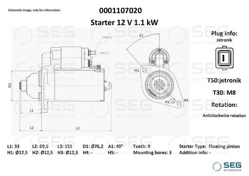 SEG Automotive 0001107020 Starteris