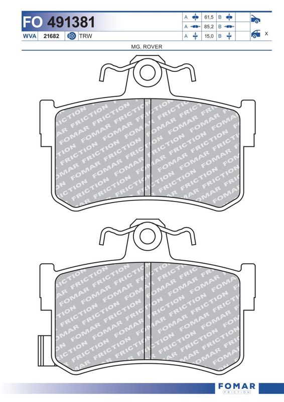 Комплект гальмівних накладок, дискове гальмо, Fomar 491381
