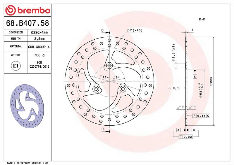 Brake disc Voor vast, 226/58x4mm 3x80mm, diameter bevestigingsgat 8,5mm, hoogte (tussenruimte) 0 past: PEUGEOT ELYSEO 100/125/125 (Advant.)/125 (Advantage)/125 (Comp.)/125ABS/150/150 (SBC)/150ABS 1998