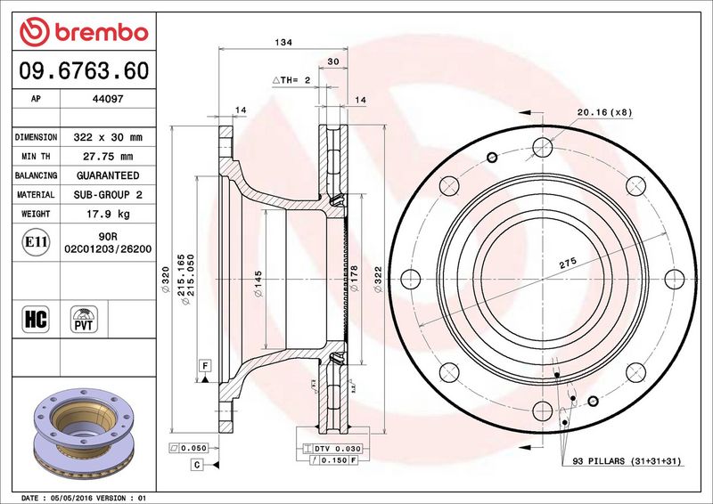 BREMBO 09.6763.60 Stabdžių diskas