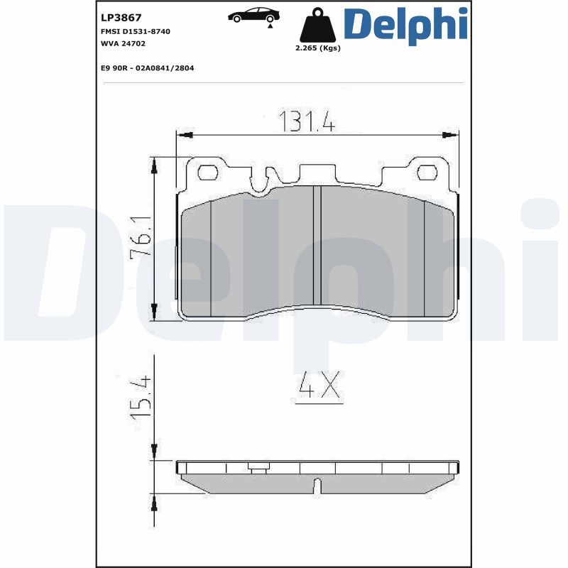 Комплект гальмівних накладок, дискове гальмо, Delphi LP3867