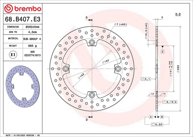 Brake disc Achter vast, 260/141x5mm 4x162mm, diameter bevestigingsgat 10,5mm, hoogte (tussenruimte) 0 past: KAWASAKI KLV  SUZUKI DL 1000/1000 (V-Strom)/650 (V-Strom)/650A (V-Strom ABS) 2004-2021