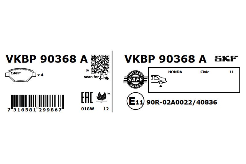 Комплект гальмівних накладок, дискове гальмо, Skf VKBP90368A