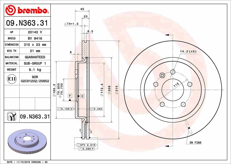 Гальмівний диск, Brembo 09.N363.31