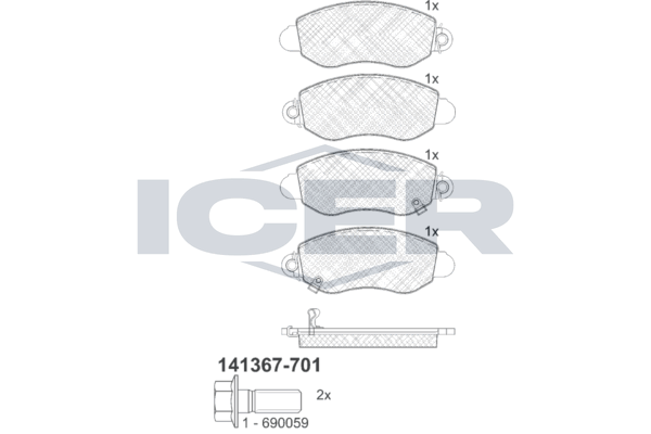 Комплект гальмівних накладок, дискове гальмо, з контактом попередження про знос, гальмівна система Bosch, Ford Transit V-184 2000 - 2006 RWD, Icer