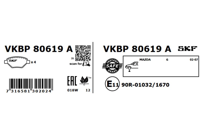 Комплект гальмівних накладок, дискове гальмо, Skf VKBP80619A