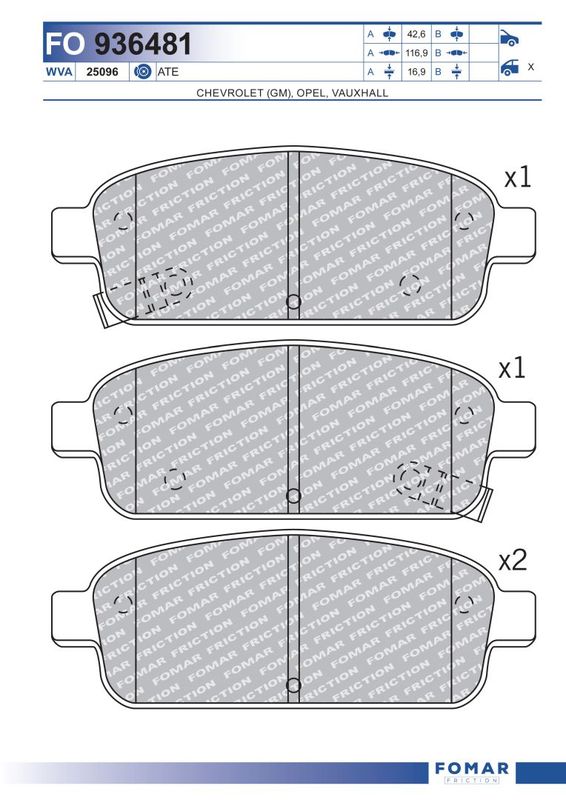 Комплект гальмівних накладок, дискове гальмо, Fomar 936481