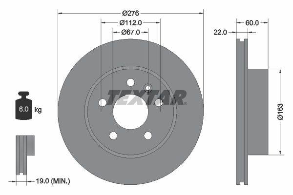 Гальмівний диск, з внутрішньою вентиляцією, 276мм, Textar 92074403
