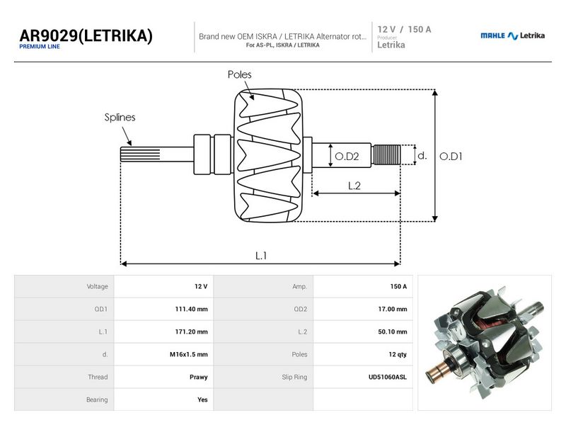rootor, generaator, AS-PL AR9029(LETRIKA)