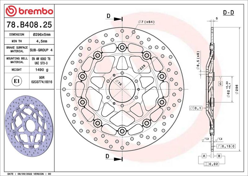 Brake disc Voor drijvend, 296/62x5mm 6x78mm, diameter bevestigingsgat 6,5mm, hoogte (tussenruimte) 0 past: HONDA CBR 1000V (Varadero)/1500C (F6C Valcyrie)/600F/800/800 (Interceptor)/800A (ABS)/800F/80