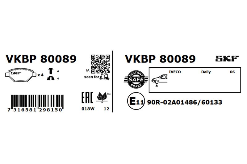 Комплект гальмівних накладок, дискове гальмо, Skf VKBP80089