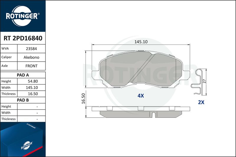 Комплект гальмівних накладок, дискове гальмо, Rotinger RT2PD16840