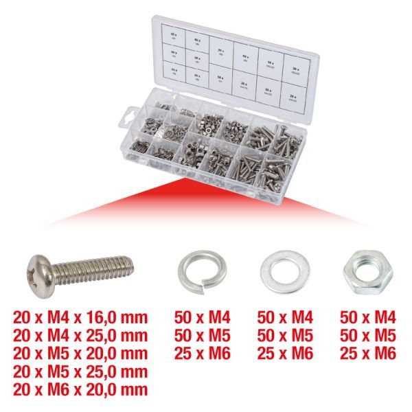 Sortimentslåda, skruvar/ringar/muttrar, M4-M6, 475 delar
