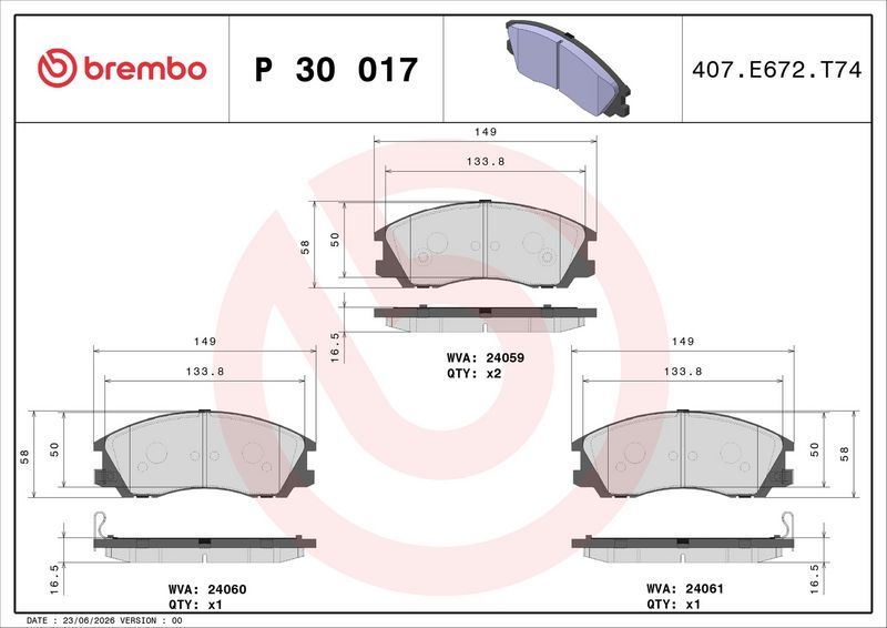 Piduriklotsi komplekt, ketaspidur, BREMBO P 30 017