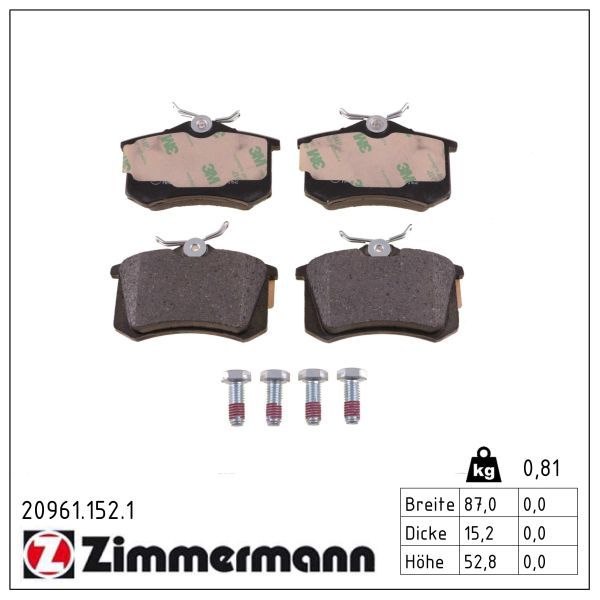 комплект спирачно феродо, дискови спирачки ZIMMERMANN