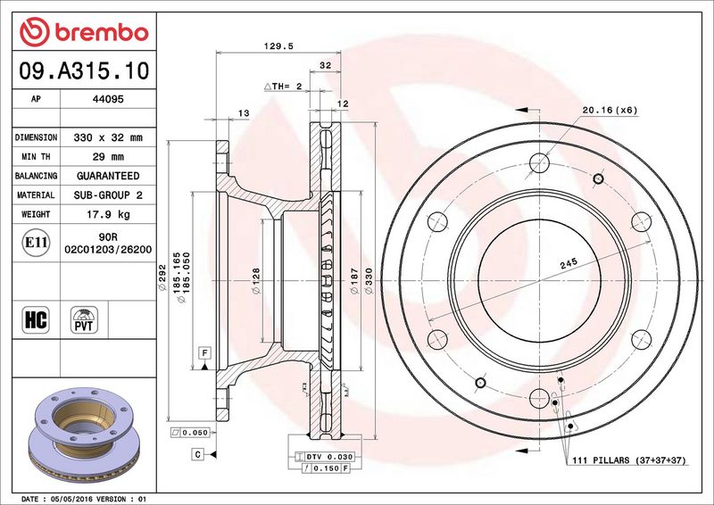 BREMBO 09.A315.10 Stabdžių diskas