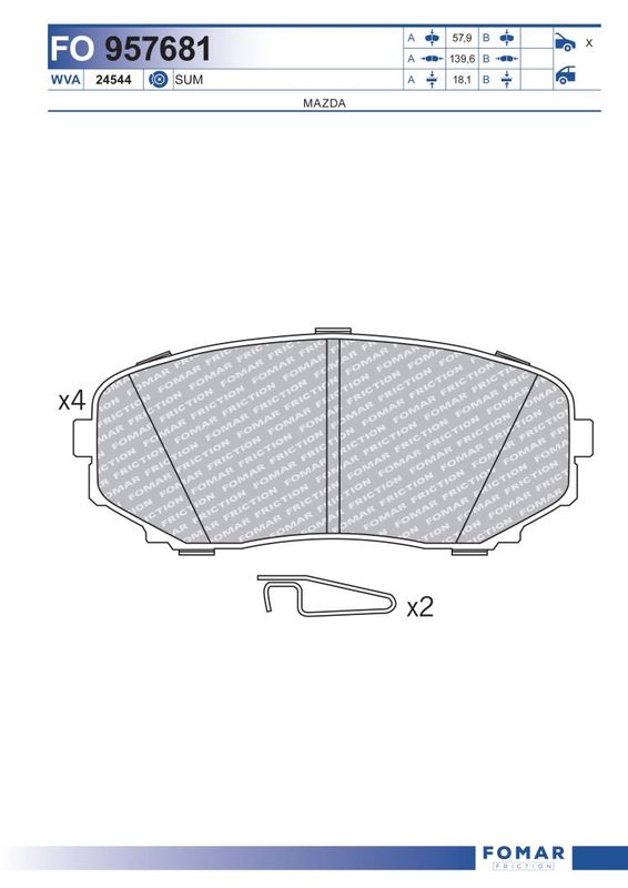 Комплект гальмівних накладок, дискове гальмо, Fomar 957681