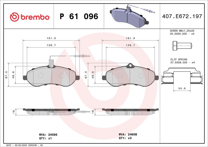 BREMBO Remblokkenset, schijfrem P 61 096