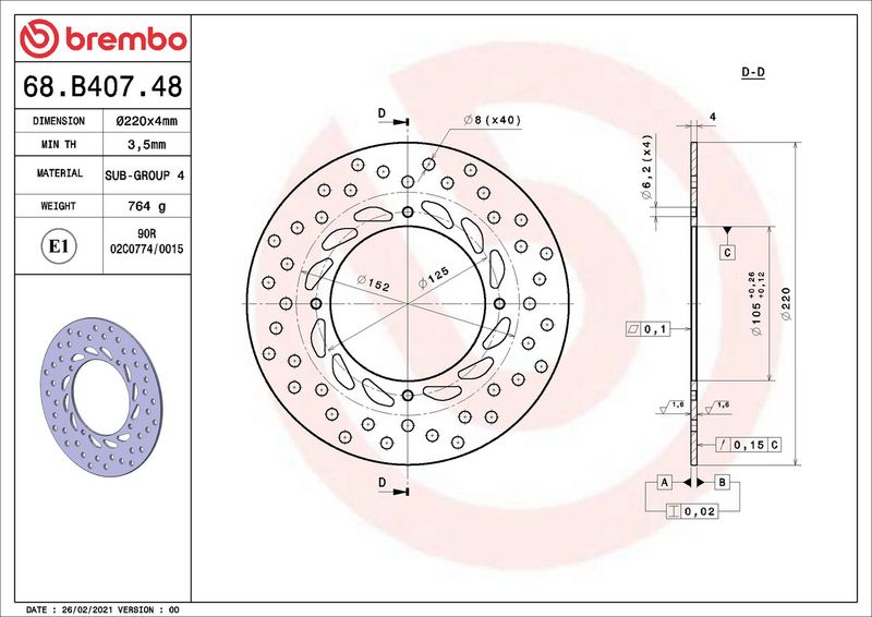 Brake disc Achter vast, 220/105x4mm 4x125mm, diameter bevestigingsgat 6,2mm, hoogte (tussenruimte) 0 past: HONDA NX, SLR 650/650 (Dominator) 1993-2000