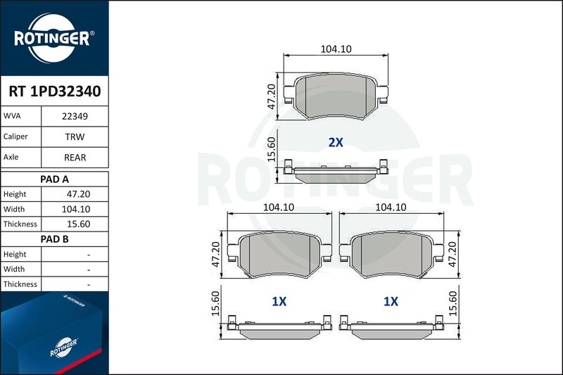 Комплект гальмівних накладок, дискове гальмо, Rotinger RT1PD32340