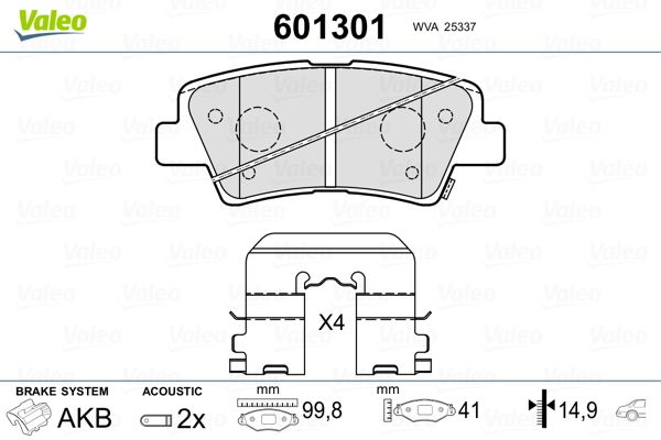 Комплект гальмівних накладок, дискове гальмо, Valeo 601301