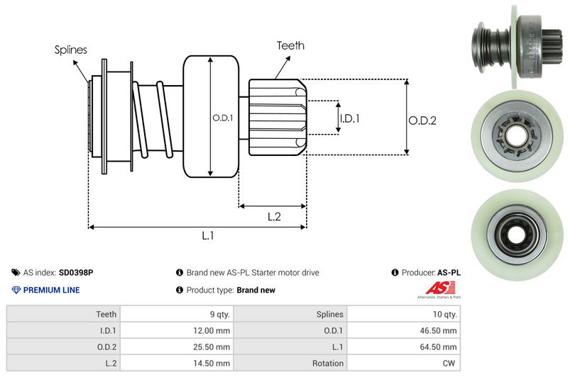 AS-PL SD0398P Freewheel Gear, starter