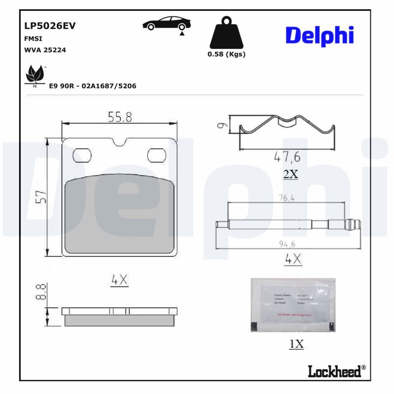 Piduriklotsi komplekt, ketaseisupidur, DELPHI LP5026EV