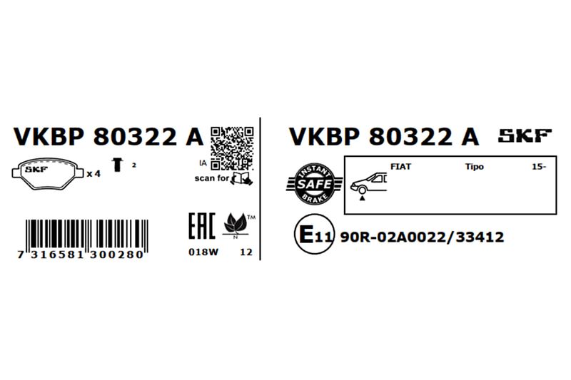 Комплект гальмівних накладок, дискове гальмо, Skf VKBP80322A