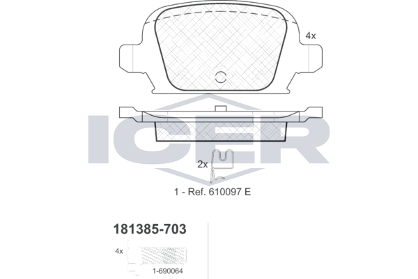 Комплект гальмівних накладок, дискове гальмо, Icer 181385703