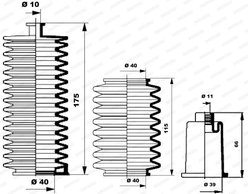 Steering gear boot (lengte175mm 40mm/39mm/40mm) past: PEUGEOT 205, 205 I, 205 II, 305 I, 305 II, 306, 309, 309 I, 309 II, PARTNER 1.0-Electric 10.77-12.15