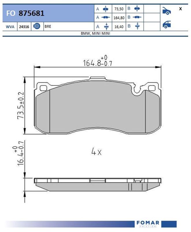 Комплект гальмівних накладок, дискове гальмо, Fomar 875681