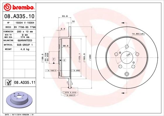 Гальмівний диск, повн., 280мм, кількість отворів 5, TOYOTA AVENSIS 03-08 1.6-2.4 задн., Brembo 08.A335.10