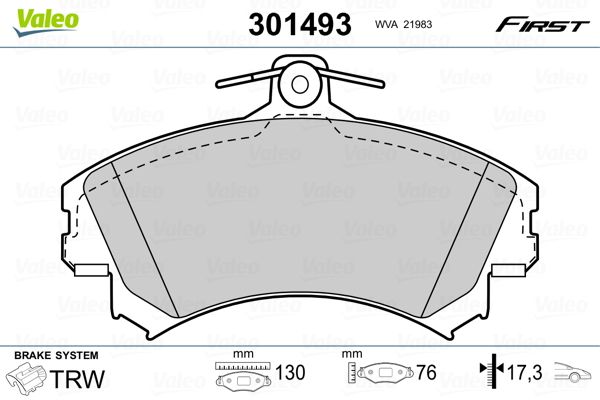 Комплект гальмівних накладок, дискове гальмо, Valeo 301493