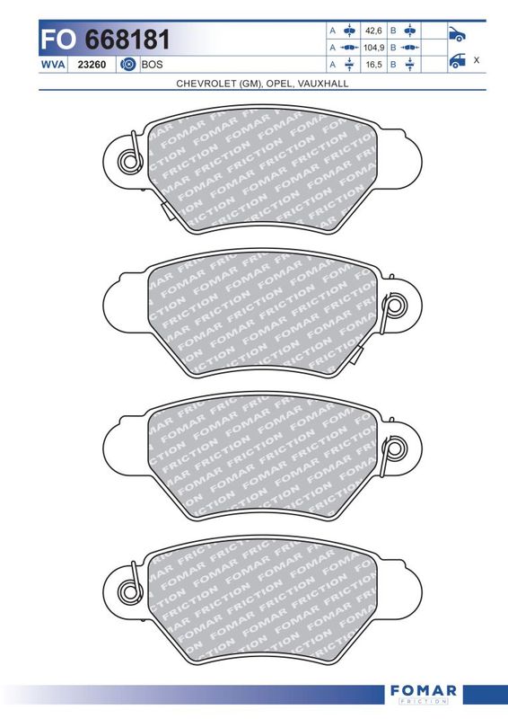 Комплект гальмівних накладок, дискове гальмо, задня вісь, гальмівна система Bosch, Fomar 668181
