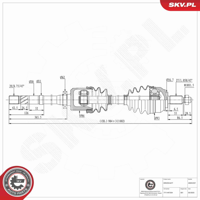ESEN SKV 40SKV257 Drive Shaft