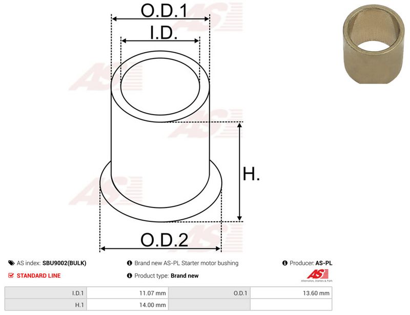 AS-PL SBU9002(BULK) Bush, starter shaft