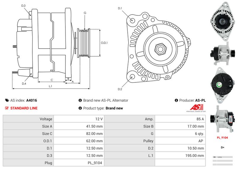 AS-PL A4016 Alternator