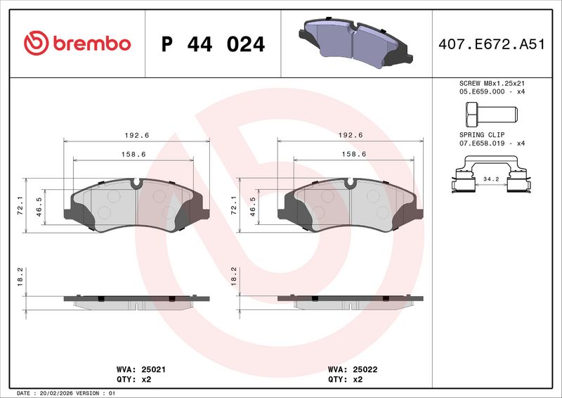Piduriklotsi komplekt, ketaspidur, BREMBO P 44 024