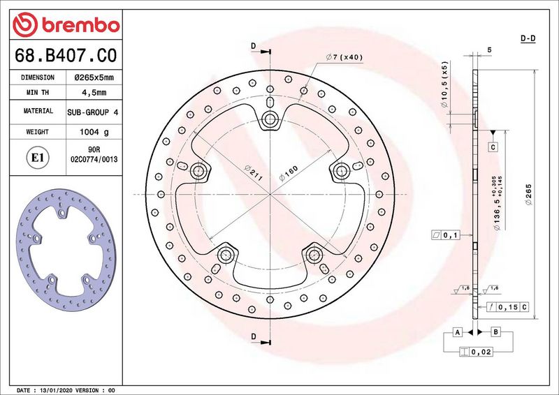 Brake disc Achter vast, 265/136,5x5mm 5x160mm, diameter bevestigingsgat 10,5mm, hoogte (tussenruimte) 0 past: BMW F 1200 (Megamoto)/1200 (Sport)/1200GS/1200GS (Adventure)/1200R/1200R (Sport)/1200RT/12