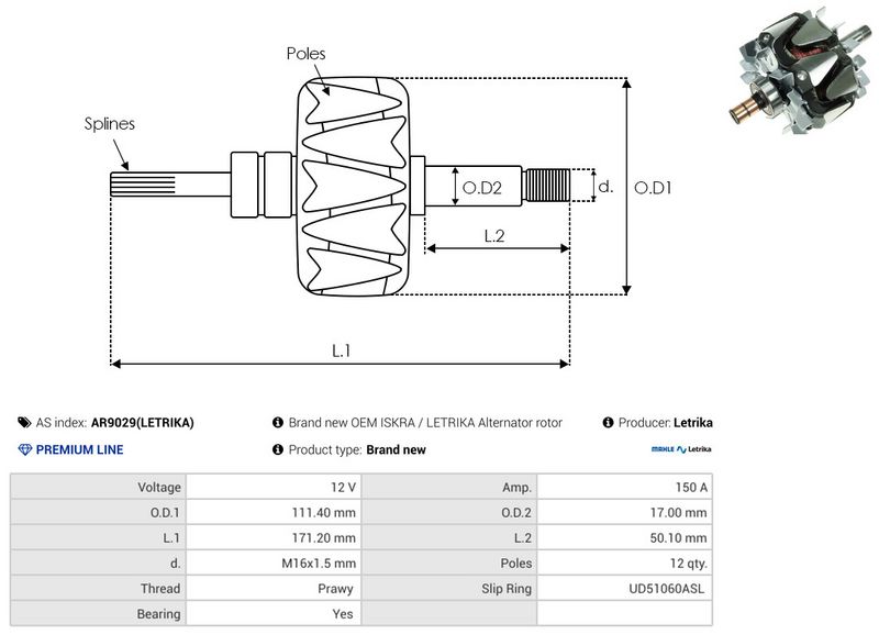 rootor, generaator, AS-PL AR9029(LETRIKA)