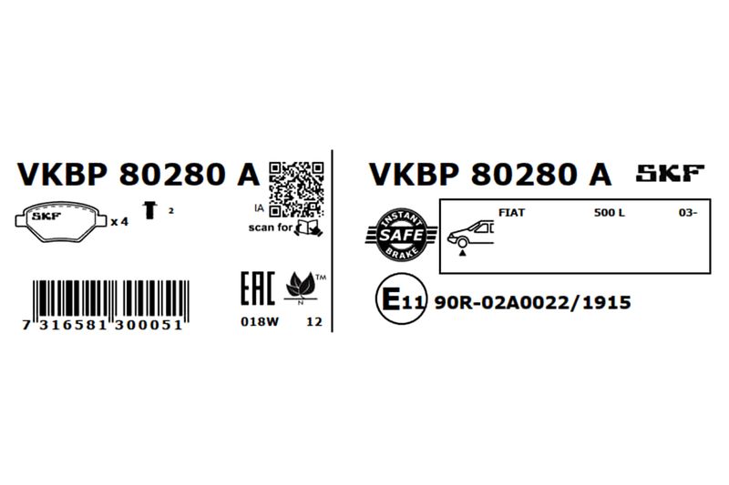 Комплект гальмівних накладок, дискове гальмо, Skf VKBP80280A