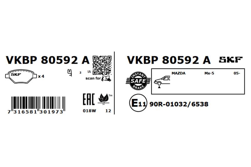 Комплект гальмівних накладок, дискове гальмо, Skf VKBP80592A