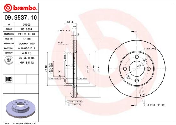 Гальмівний диск, Brembo 09.9537.10