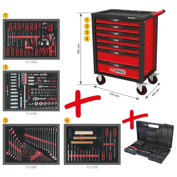RACINGline SVART / RÖD verkstadsvagn med sju lådor och 515-delars premiumverktyg