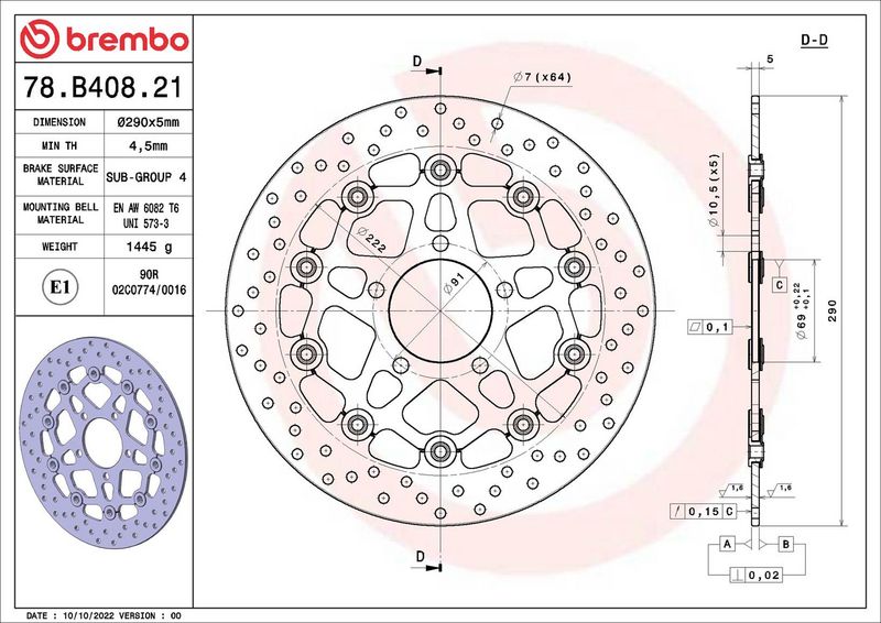 Brake disc Voor drijvend, 290/69x5mm 5x91mm, diameter bevestigingsgat 10,5mm, hoogte (tussenruimte) 0 past: SUZUKI GSF 650/650 (Bandit)/650 (Gladius)/650A (ABS)/650A (Bandit ABS)/650S/650S (Bandit)/65