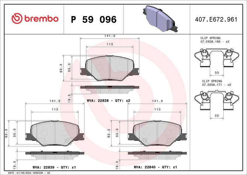 Piduriklotsi komplekt, ketaspidur, BREMBO P 59 096