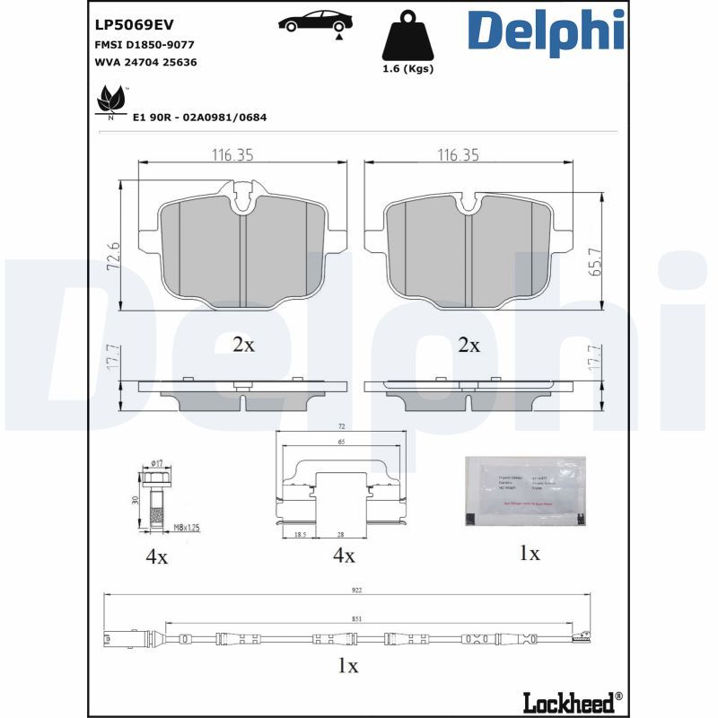 Комплект гальмівних накладок, дискове гальмо, Delphi LP5069EV