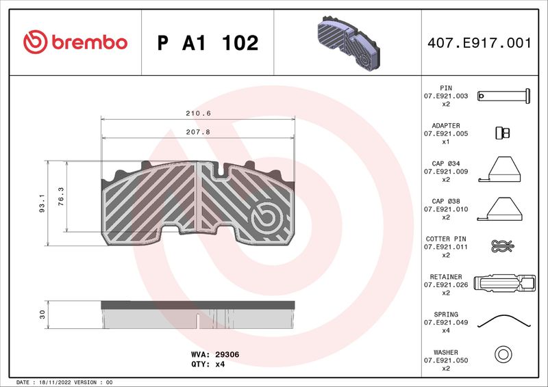 BREMBO fékbetétkészlet, tárcsafék P A1 102